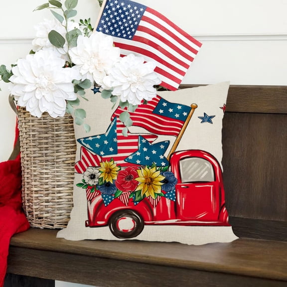 4PCS 4th of july Decorations Pillow Covers 18x18 Inch,Set of 4 Patriotic Red White Blue Summer Outdoor Throw Pillow Covers,Independence Memorial Day USA Flag Linen Fourth of July Cushion Case