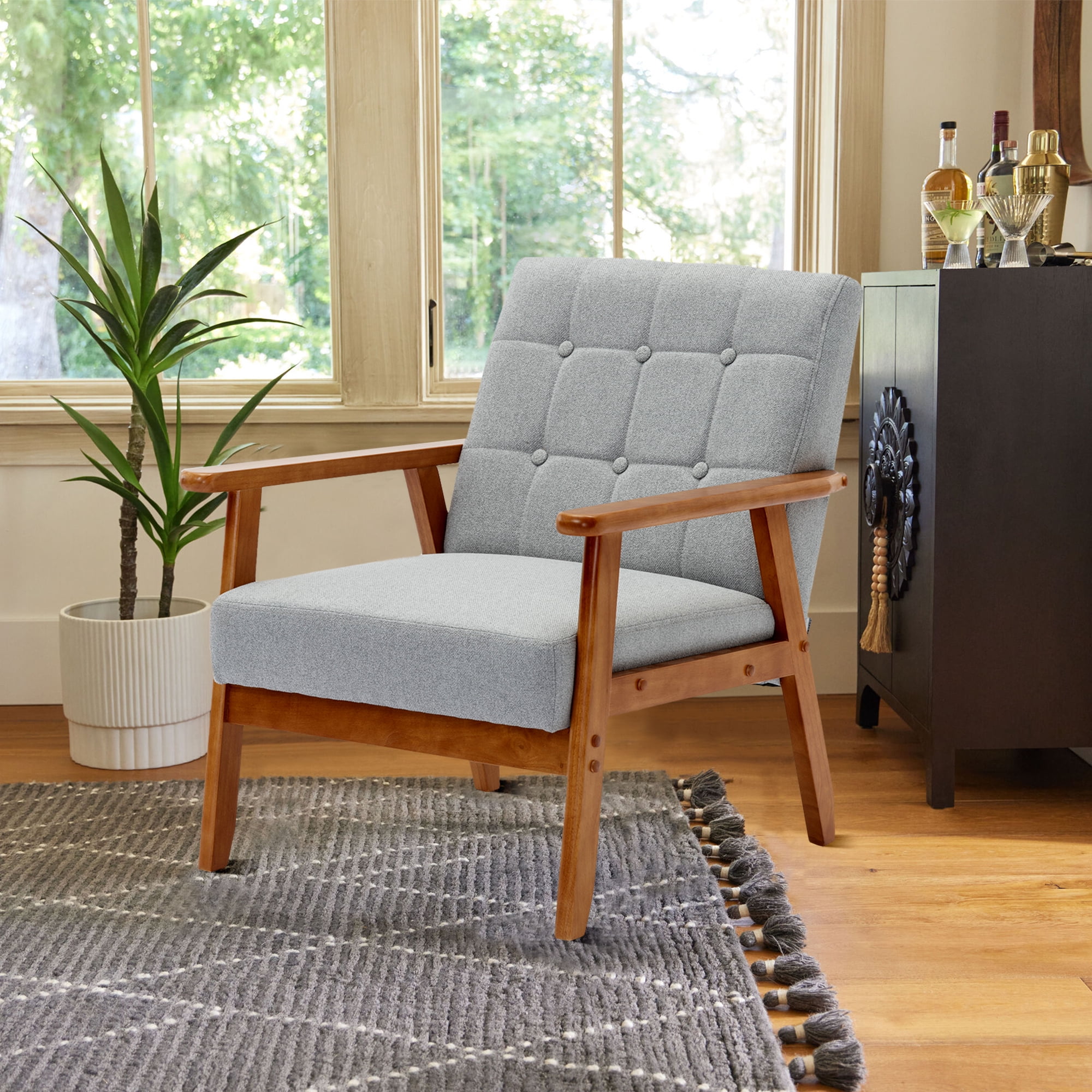 Ufurpie Mid Century Modern Armchair with Wood Frame,Linen Fabric Comfy Reading Chair,Accent Chair for Living Room Bedroom,Light Gray