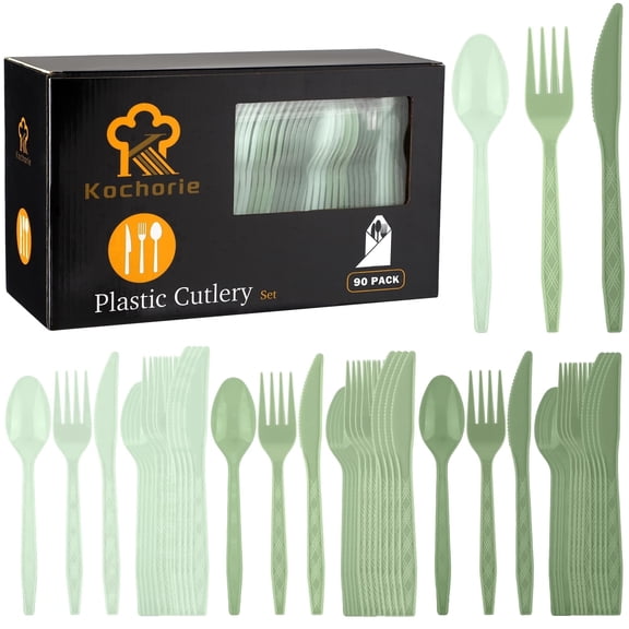 Kochorie 90 Pieces Gradient Sage Green Heavy Duty Disposable Plastic Cutlery Flatware Set, Utensils with 30 Knives 30 Forks 30 Spoons for Wedding Birthday Baby Shower Picnic Party Events