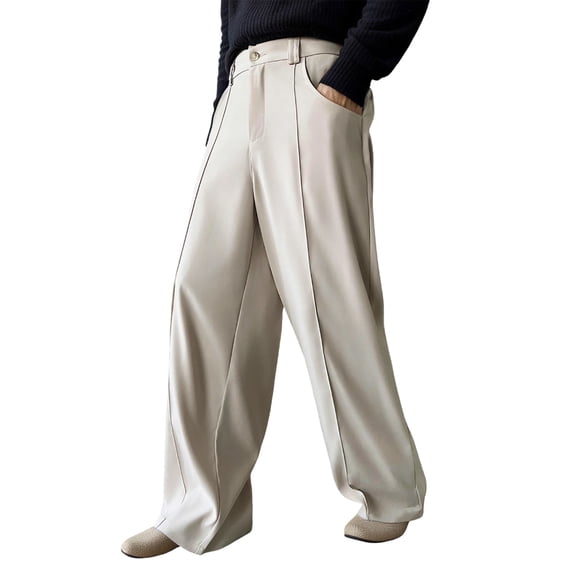 IWRICH Men's Baggy Dress Pants Striped Pleated Straight Leg Zipper Fly Casual Office Suit Pants with Pockets Slacks Beige XL