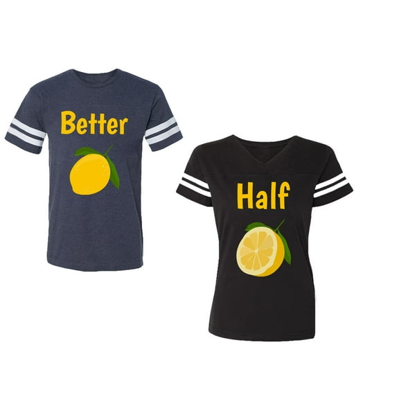 Better Half Unisex Couple Matching Cotton Jersey style T-Shirt Contrasting stripes on sleeves (Men Navy / Women Black) (Men S / Women S)