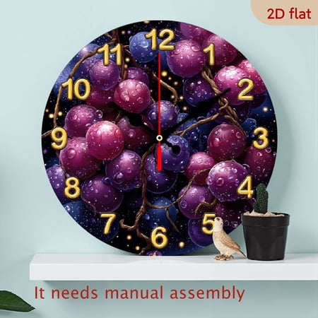 2D Flat 1pc 10Inch Vintage Grape Wine Theme Wall Clock - Purple Golden Roman Numeral, Quartz Movement, Dark BlueGolden Hands - Manufactured Wood Round Clock, Living Room, Wine Cellar Decor (AA B