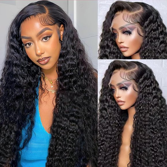 Fivegren Deep Wave Lace Front Wigs Human Hair Pre Plucked 250 Density 13x6 HD Lace Frontal Human Hair Wigs Curly Wig Human Hair Baby Hair Natural Bla