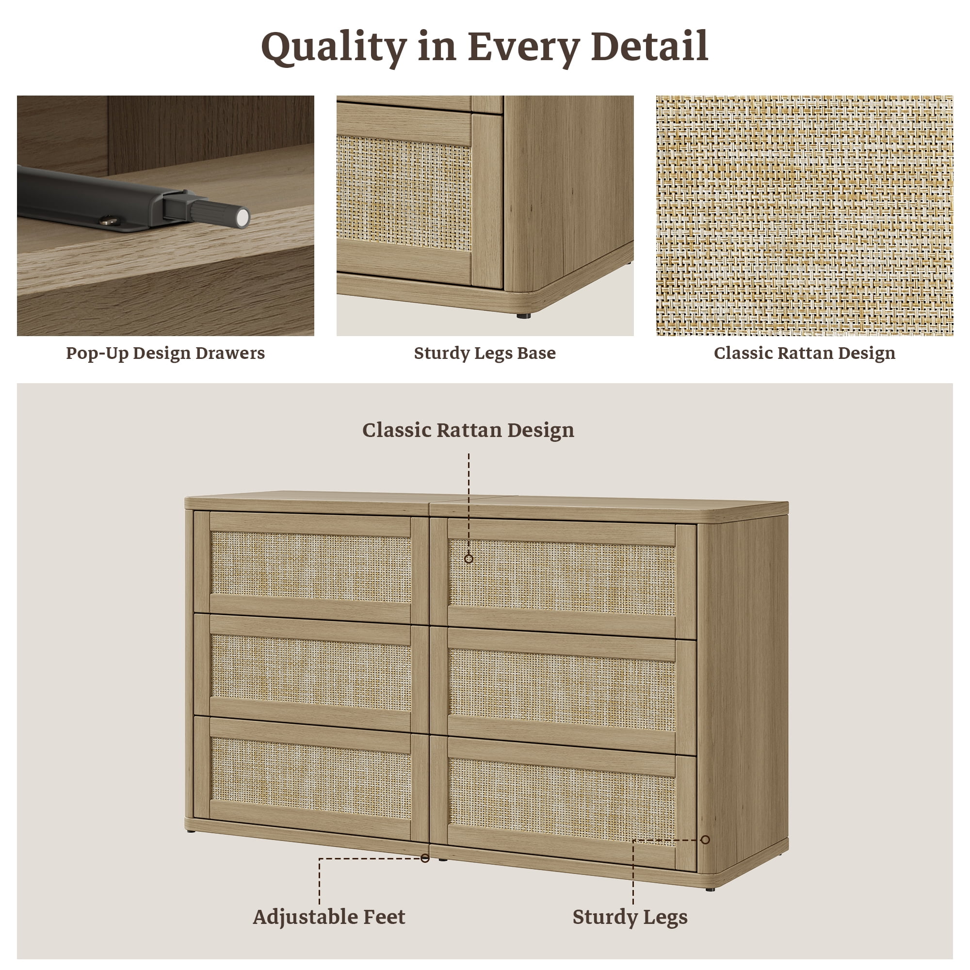 SICOTAS 53.6" Wide 6 Drawer Modular Rattan Dresser for Bedroom, Long Modern Chest of Drawers with Pop-Up Drawers%& Unique Rattan Design, Amber Oak