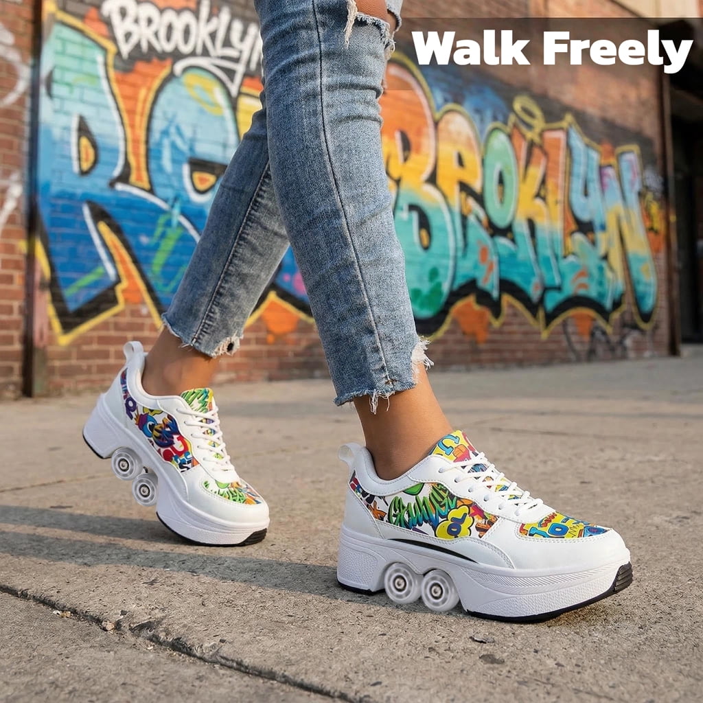 CZV Women's & Teens Graffiti Print Four-Wheel Convertible Roller Skate Shoes,2-in-1 Roller Skates & Sneakers Unisex Retractable Wheels Indoor Outdoor Fun & Fitness Kick Roller Shoes