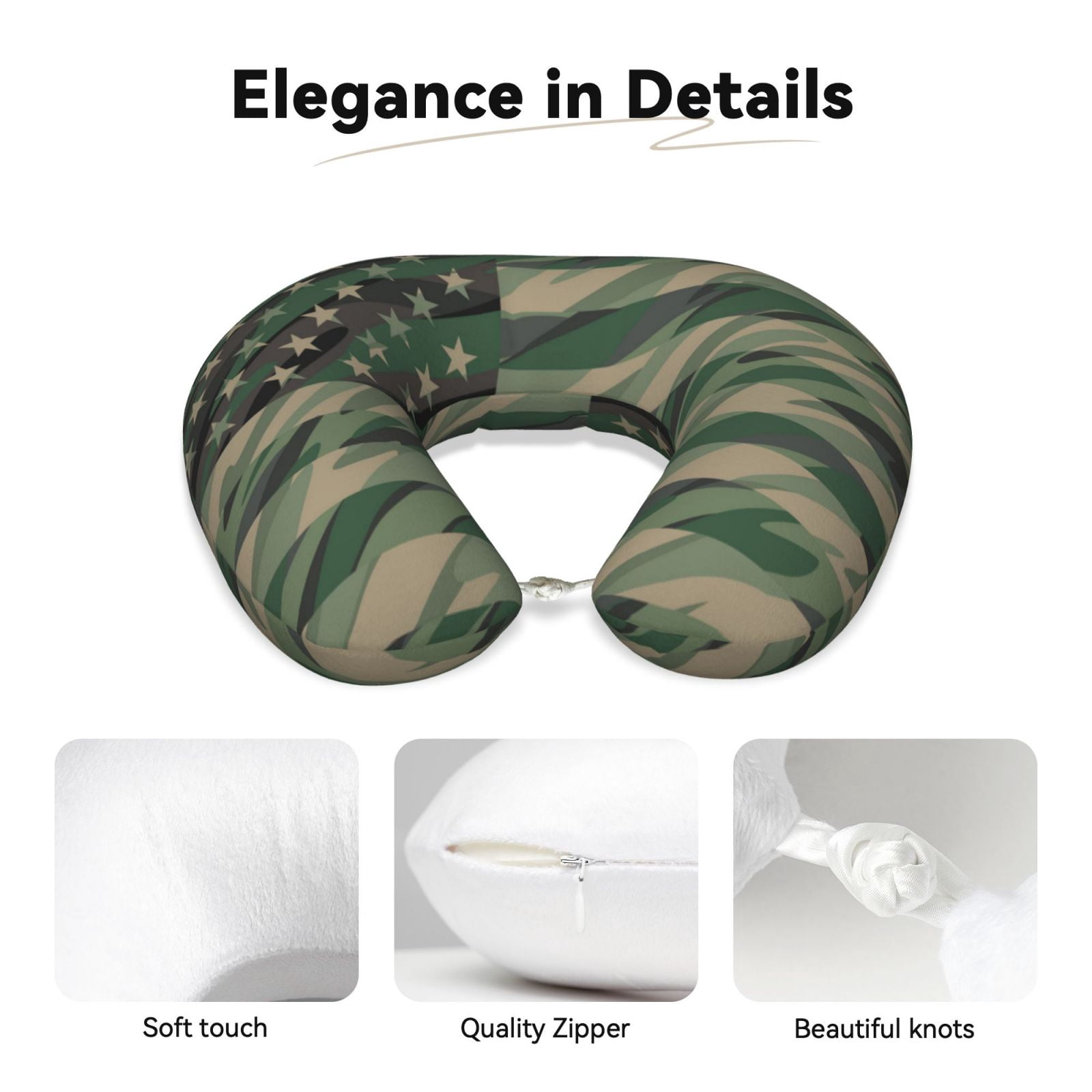 Xecao Jungle Green Camo USA Flag Print Memory Foam Cervical Neck Pillow Versatile U-Shaped Pillows for Home,Office,Camping,Travelling,Soft Washable Cover