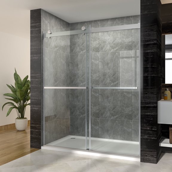 Sunny Shower 60 in.W x 72 in.H Frameless Double Sliding Shower Enclosure in Brushed