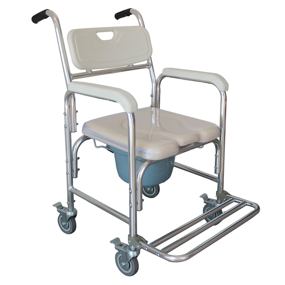 Winado Aluminum Shower Chair Bedside Commode with Casters and Padded Seat,Rolling Transport Chair Lockable Wheelchair