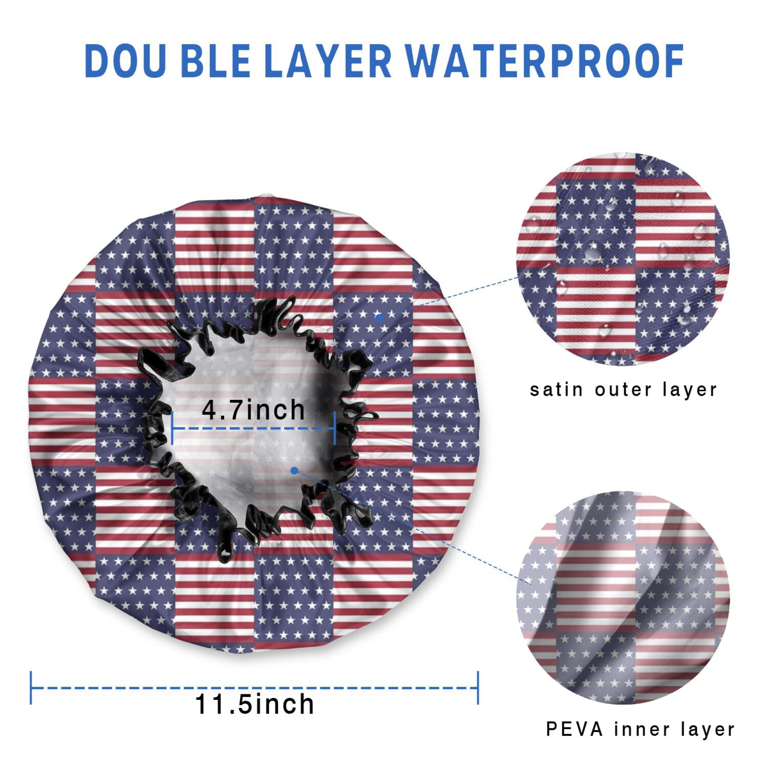 Shower Caps,Red White and Blue Star Striped Pattern Waterproof Shower Cap for Women 4 Pieces,Double Reusable Hair Cover for Shower PEVA Elastic Stretch Hem