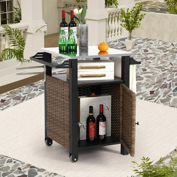 Homefun Outdoor Kitchen Wicker Island Rolling CartSingle door bar cart Storage Cabinet Wheels