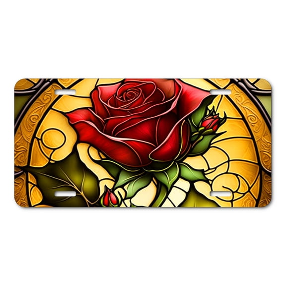 Elegant Red Rose on Stained Glass Design - Aluminum License Plate with Sublimation Print for Cars, Trucks, or Decorative Use
