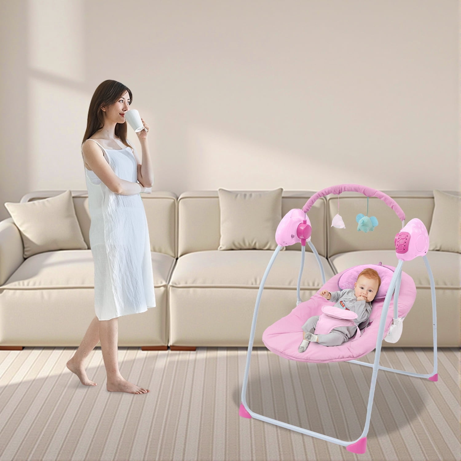 KFeng Baby Swing for Newborns-Electric Motorized Infant Swing, Bluetooth Music,Remote , Pink