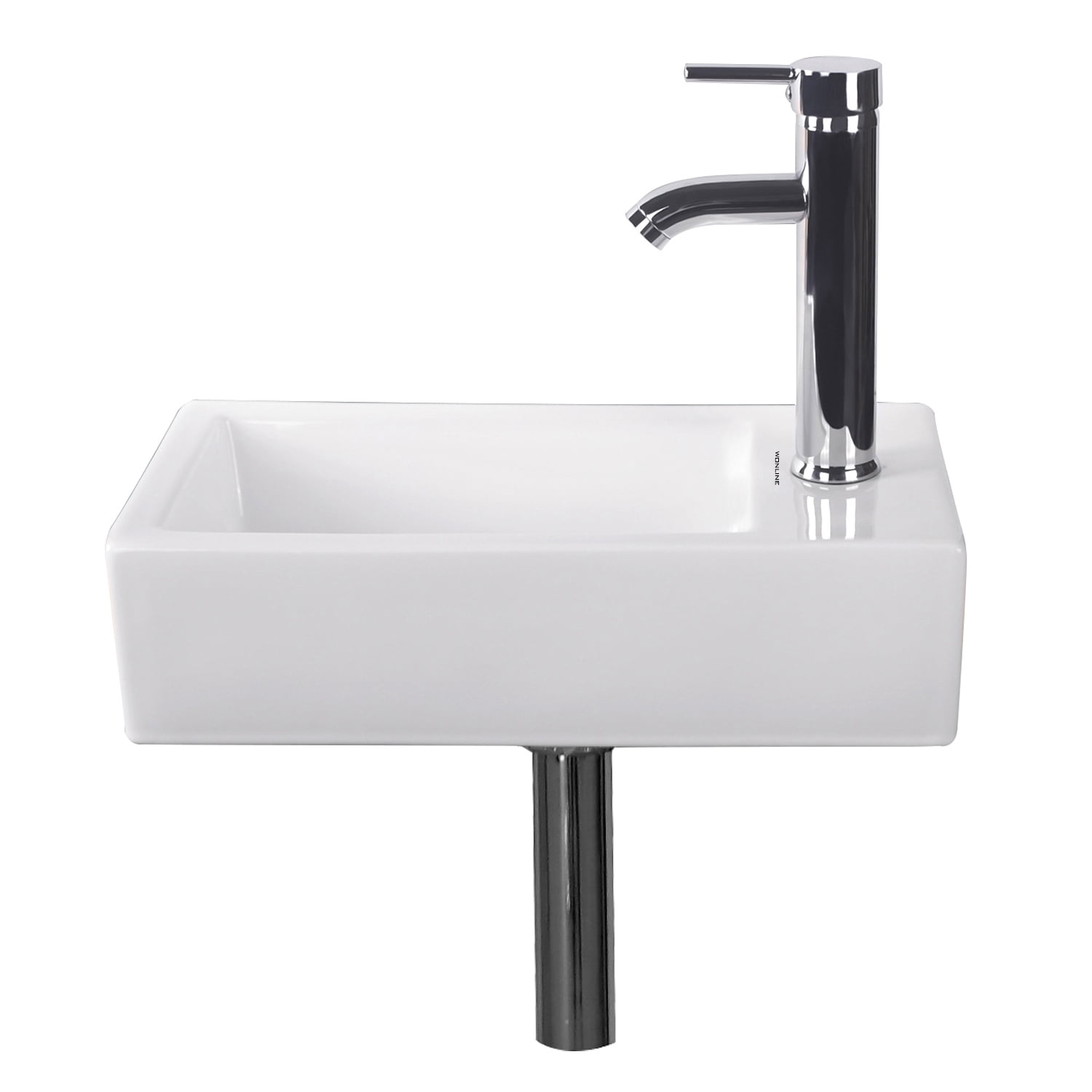 Wonline Bathroom Wall Mount Rectangle Corner Single Sink White Porcelain Ceramic Vessel Sink & Chrome Faucet Combo without P-Trap