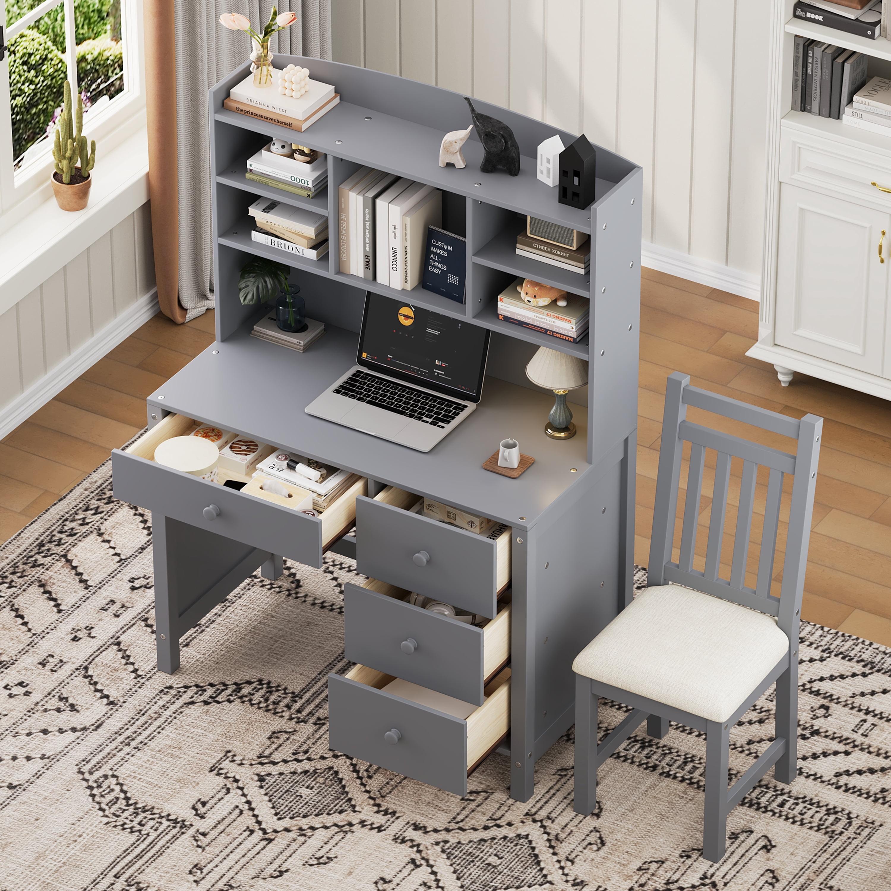 Euroco Vintage 40'' Home Executive Desk and Upholstered Chair Set with Bookshelf, Computer Desk with Four Drawers, Storage Shelf, and Chair