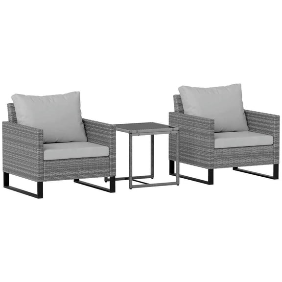 Spaco 3PCS Patio Set, Wicker Bistro Set with Cushions, Rattan Chairs and Glass Coffee Table for Outdoor, Gray