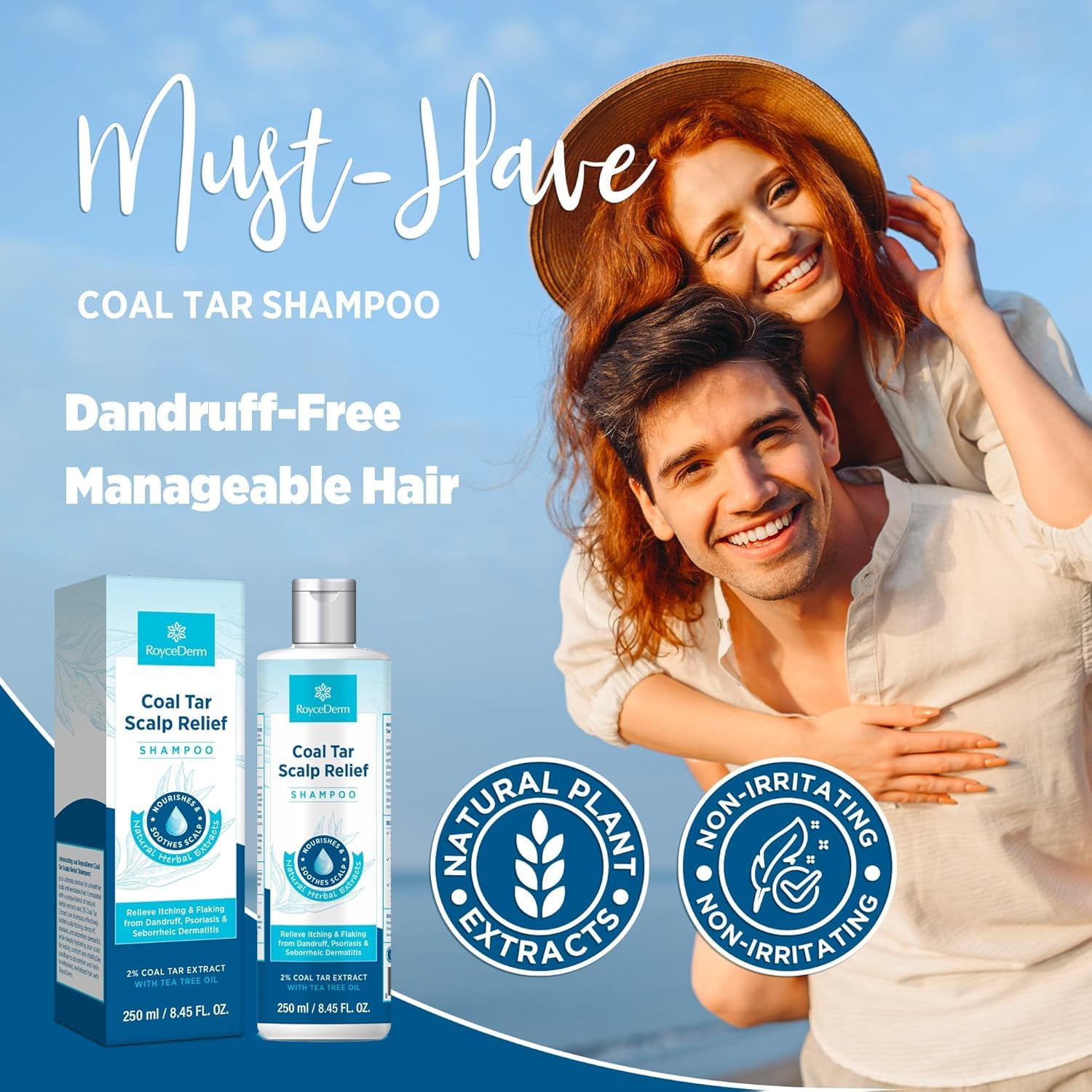 Roycederm Coal Tar Dandruff Shampoo: Extra Strength 2% Coal Tar Extract Medicated Gel for Rapid Scalp Hair Relief targets dandruff, psoriasis, and seborrheic dermatitis - Hydrating & Natural - 2 Pack