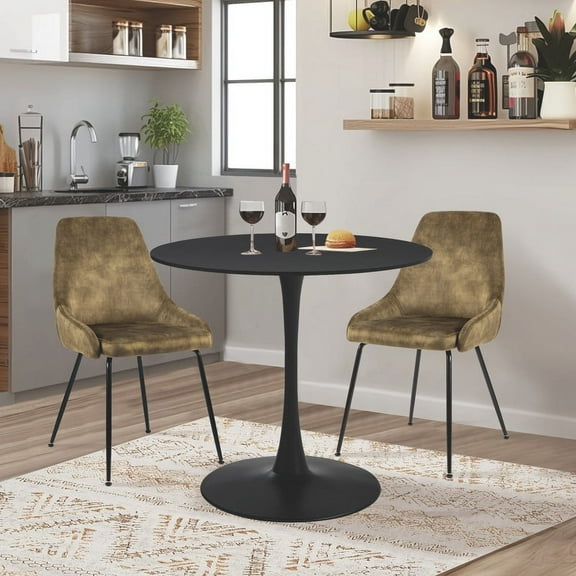 GIA Design Group 3 Piece Kitchen Table Set,Black Tulip Table Mid Century Dining Table and Green Velvet Upholstered Dining Chairs with Metal Legs Set of 2