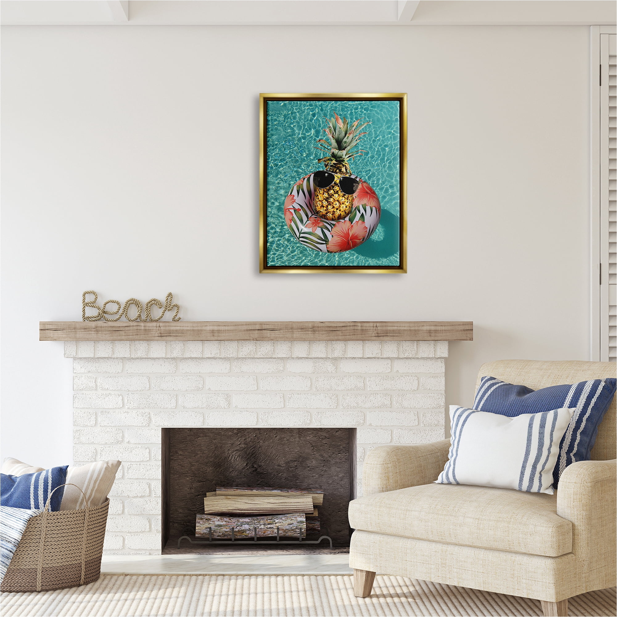 Stupell Industries Pineapple on Beach Tube Food & Beverage Painting Gold Floater Framed Canvas Art Print Wall Art, 25 x 31