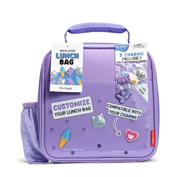 Fit & Fresh DIY Lunch Bag Reusable/Insulated Polyester Bag Purple with Shoe Charm Slots for Personalization