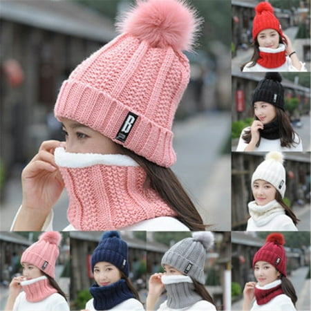 Fashion Winter Women's Hat Scarf Set of Hat And Scarf For Women Girl Warm Beanies Hat For Girl Ring Scarf Pompoms Winter Hats