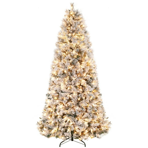 Towallmark 7.5 Ft Pre-Lit Snow Flocked Artificial Christmas Tree with 350 LED Lights, Hinged Pine Holiday Tree with Metal Stand, Slim Xmas Tree for Home, Office, Party Decor