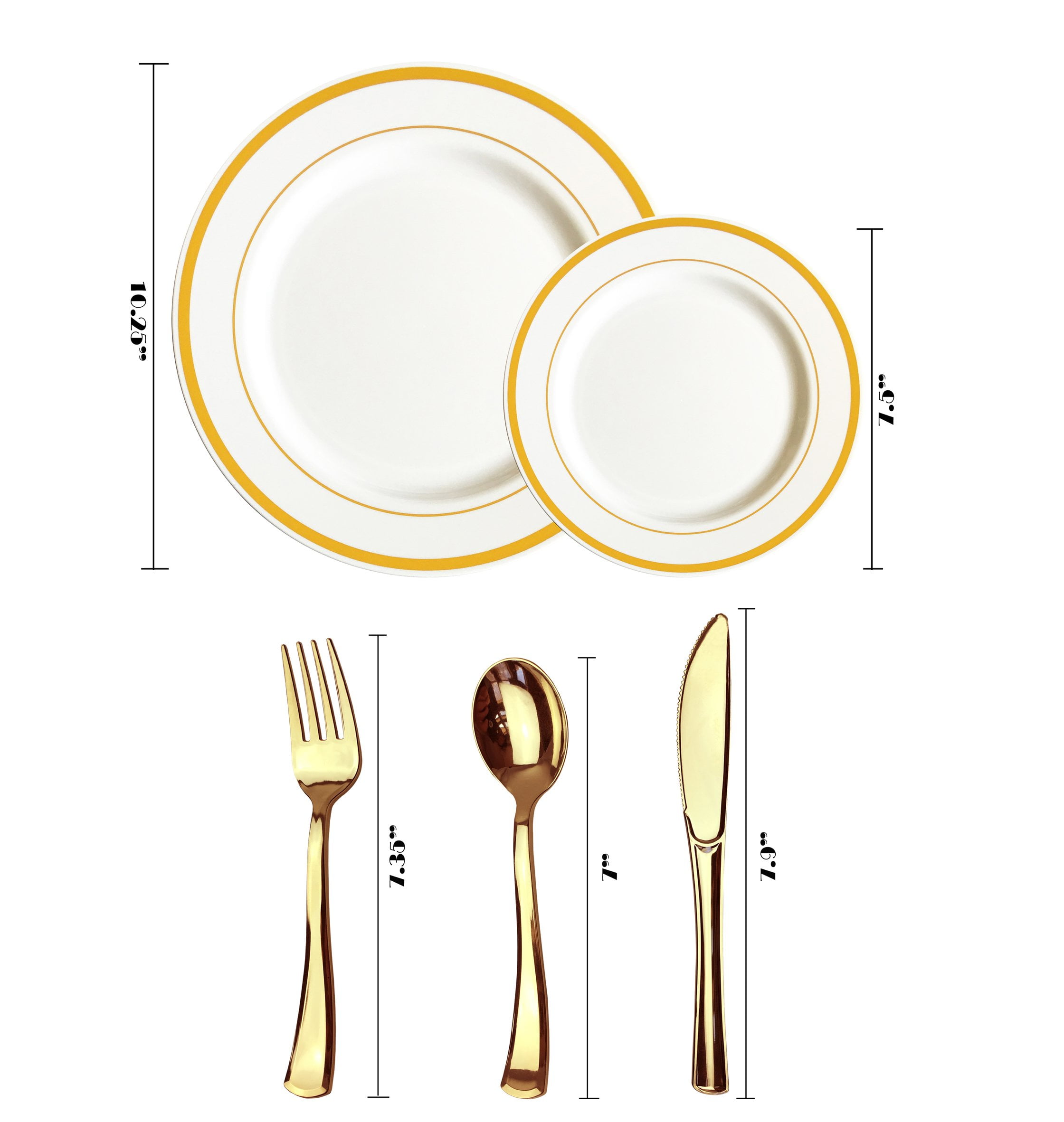 125 Piece Gold Plastic Plates & Cutlery Set - Reusable & Recyclable - Gold Rim Plates & Silverware for Weddings, Anniversaries, Parties, Showers- Dinner Plates, Salad Plates, Utensils, 25 Each