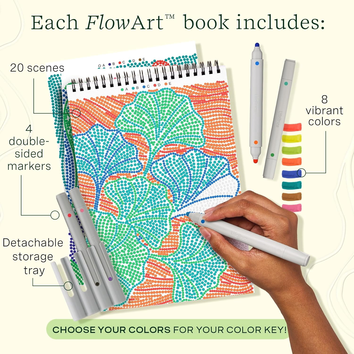 Lifelines FlowArt Dot-by-Letter Activity Pad, Guided Dot Art Meditations with 4 Double-Sided Markers, Botanicals, 20 Pages