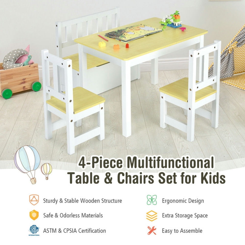 Barara King Toddler Table Chairs Set,Kids Play Table Set,4 Pieces Kids Wooden Activity Table and Chairs Set with Storage Bench and Study Desk-Natural