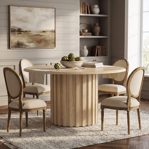 Fnova 47" Round Dining Table for 6 People, Modern Farmhouse Kitchen Table with Sturdy Pedestal Base, Wood Dining Room Table for Dining Room, Kitchen