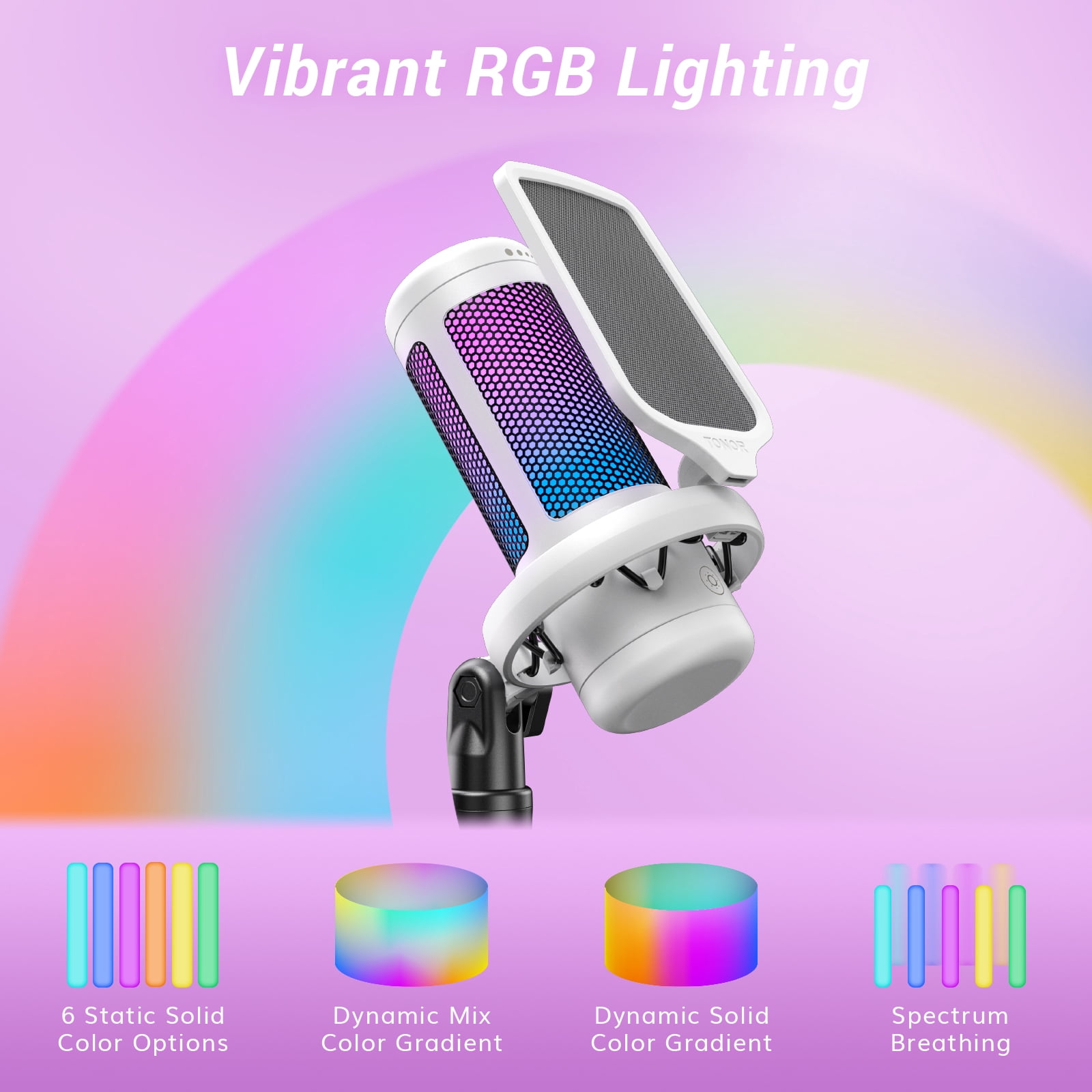 TONOR TC310+ Gaming Microphone Set Type-C Plug,  Desktop USB Microphone with RGB, Quick Mute, for Twitch, Streaming, Podcast, Studio Recording, Discord Chatting, 200 cm/78 inch Cable, White