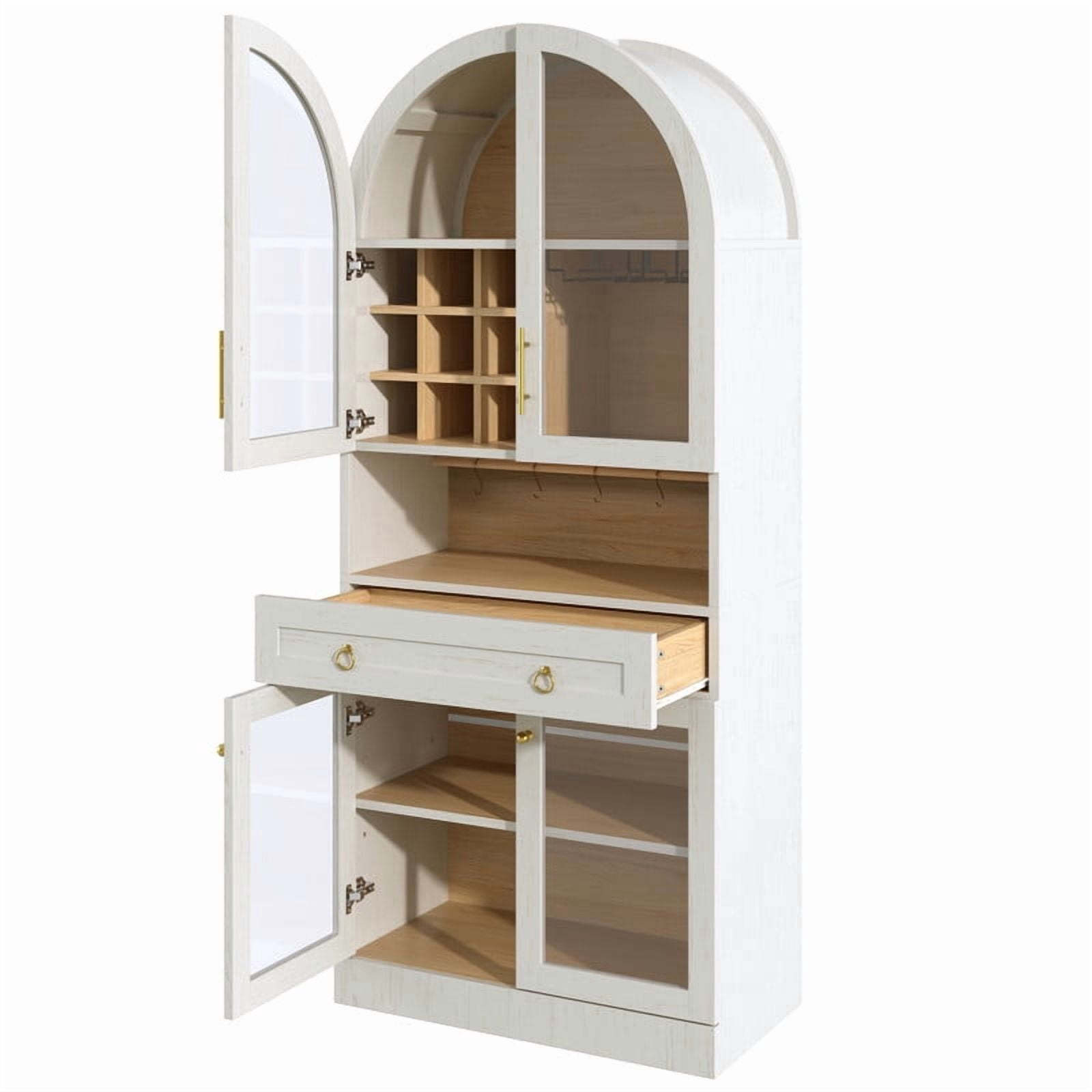 Mid-Century Bar Cabinet with Tempered Glass Doors & Drawer, Home Coffee Storage Cabinet with Hooks, Wine Racks & Glass Holders