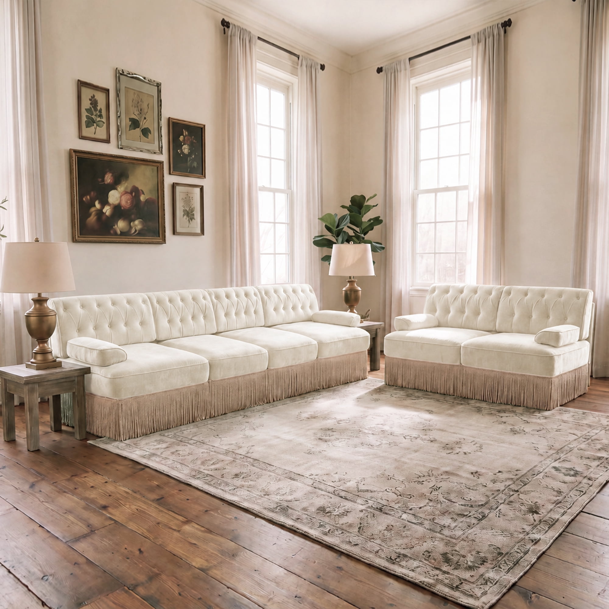 2‑Piece Sectional Sofa Set, 1 Pcs Loveseat & 1 Pcs 135" 4‑Seater Sofa Couch Set with Tassel Skirt
