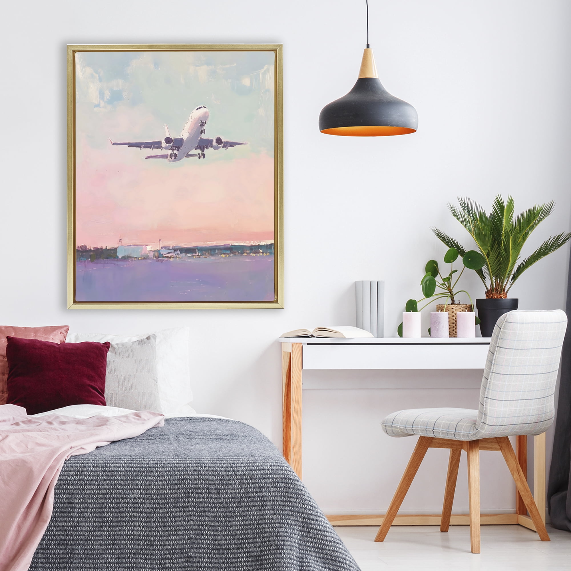Stupell Industries Airplane Takeoff into Pastel Skies Gold Framed Floater Canvas Wall Art, design by The Prints Vibe