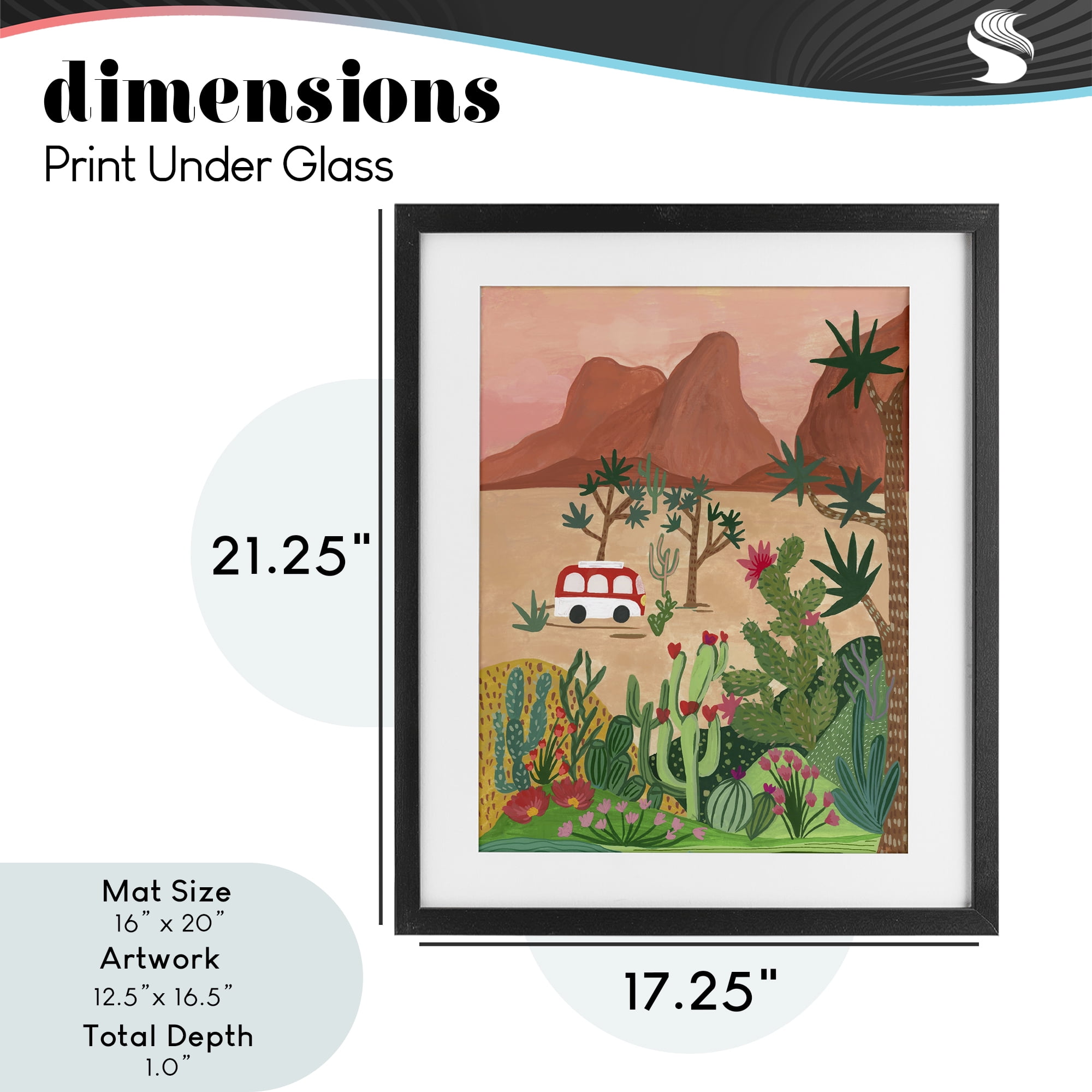 Desert Camper & Cacti Black Framed Print Under Glass, design by Nabeela Rumi