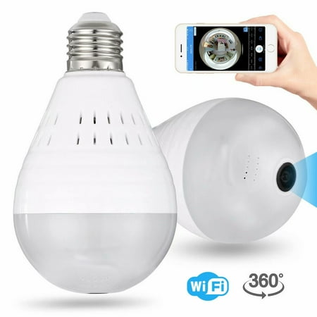 WiFi Bulb Security Camera -Wireless Security Camera Bulb- Fisheye LED Light 360° Panoramic for Remote Light Cameras, Motion Detection for