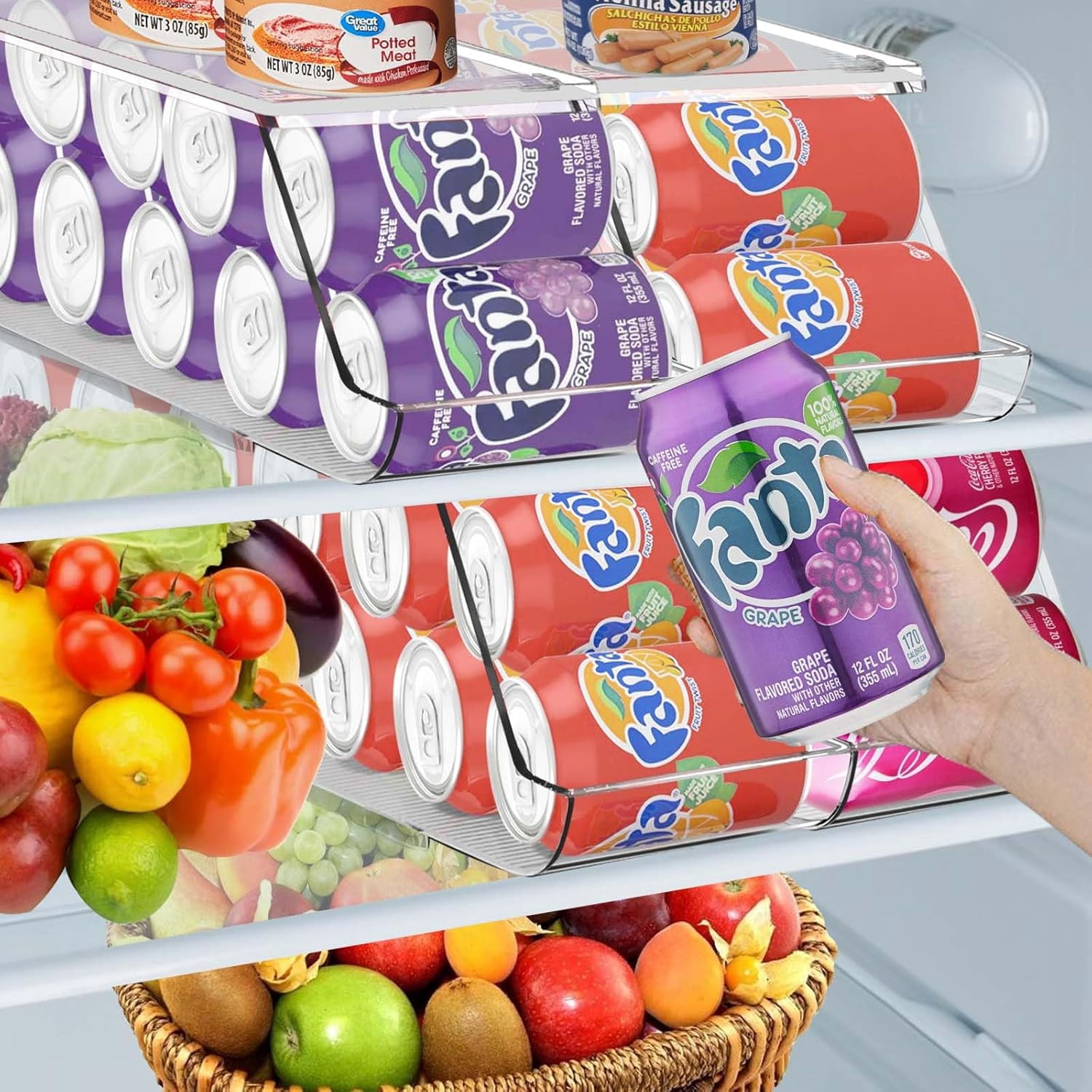 2 Pack Soda Can Organizer for Refrigerator Stackable Can Holder Dispenser with Lid for Fridge Rack Freezer, Clear Storage Bins-Holds 12 Cans Each (Clear)