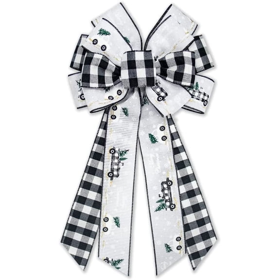 Hsomely Large Black White Buffalo Plaid Christmas Bow for Wreath, Tree Topper Ornament for Front Door, Indoor & Outdoor Xmas Wall Decor