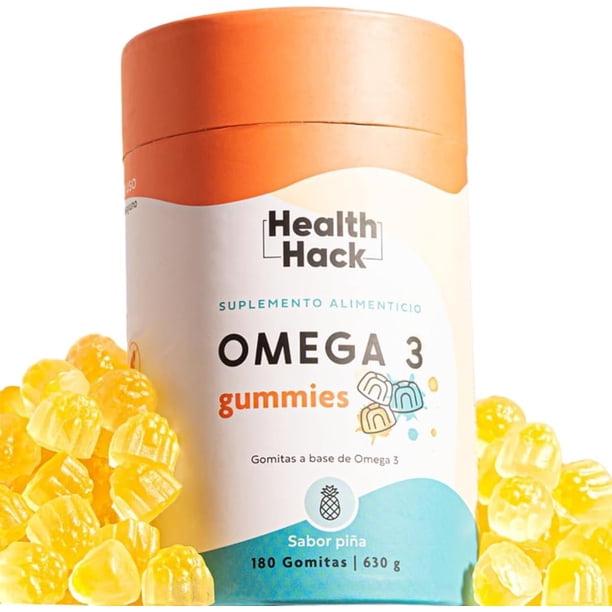 Gomitas de Omega 3 de Salmón sabor Piña | 180 gomitas enriquecidas con DHA + EPA, con Ingredientes Naturales, Sin Azúcar, Ni Colorantes Artificiales | Health Hack - Omega 3 1000mg por porción