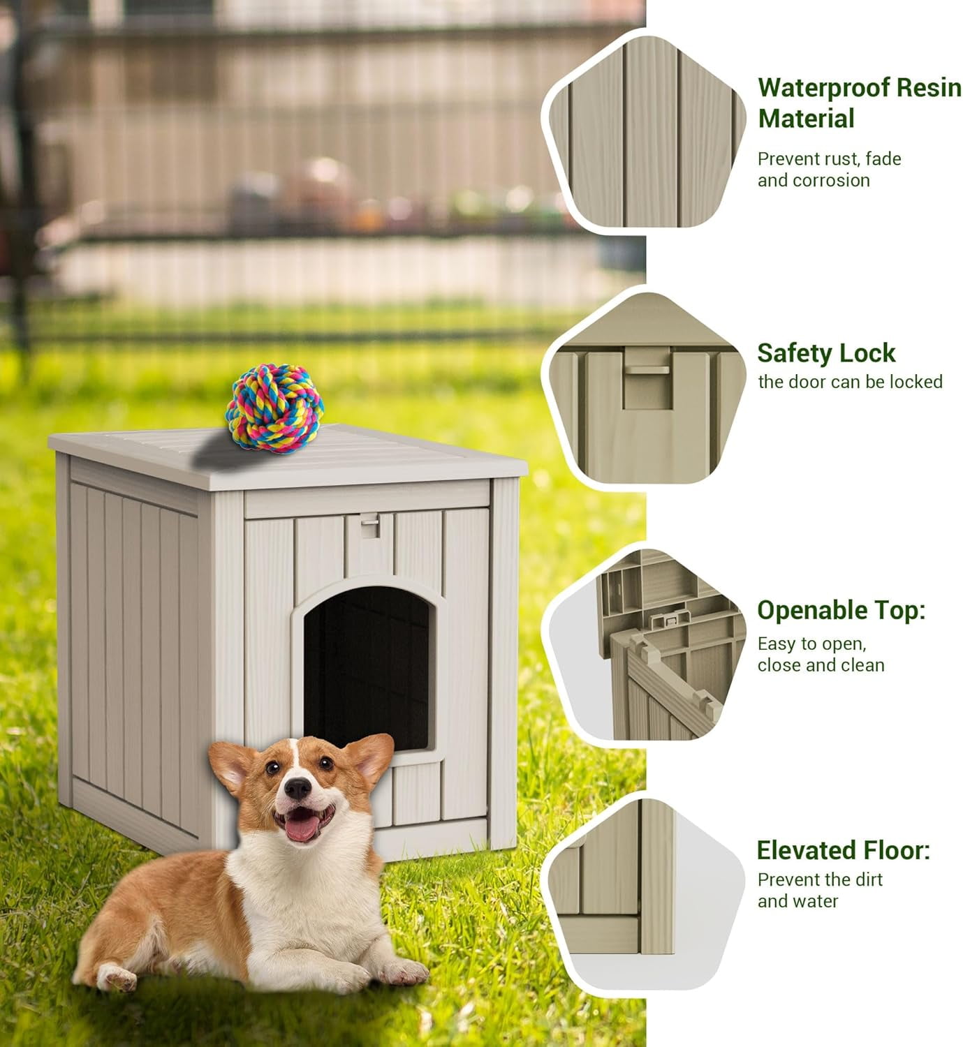 Outdoor Indoor Dog House,Resin Material Ventilate Waterproof Added to The Bottom,Multi-Functional Pet House for Small to Medium Dog(Grey, Medium)