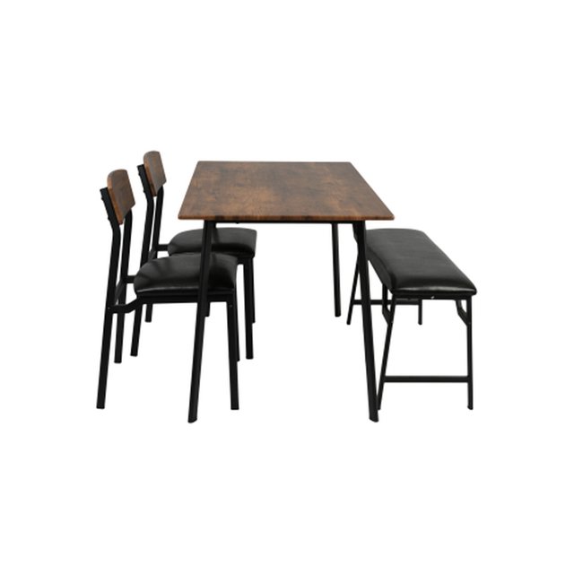 TOYTEXX 4-Piece Dining Set with Table, 2 Chairs and Bench, Rustic Wood Tabletop, Metal Frame, Padded Seats, Space-Saving Design, Brown