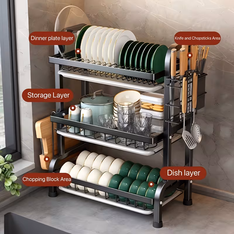 thumbnail image 5 of Two/Three-Tier Carbon Steel Dish Rack with Drainboard, Utensil Holder, and Cup Hooks, 5 of 5
