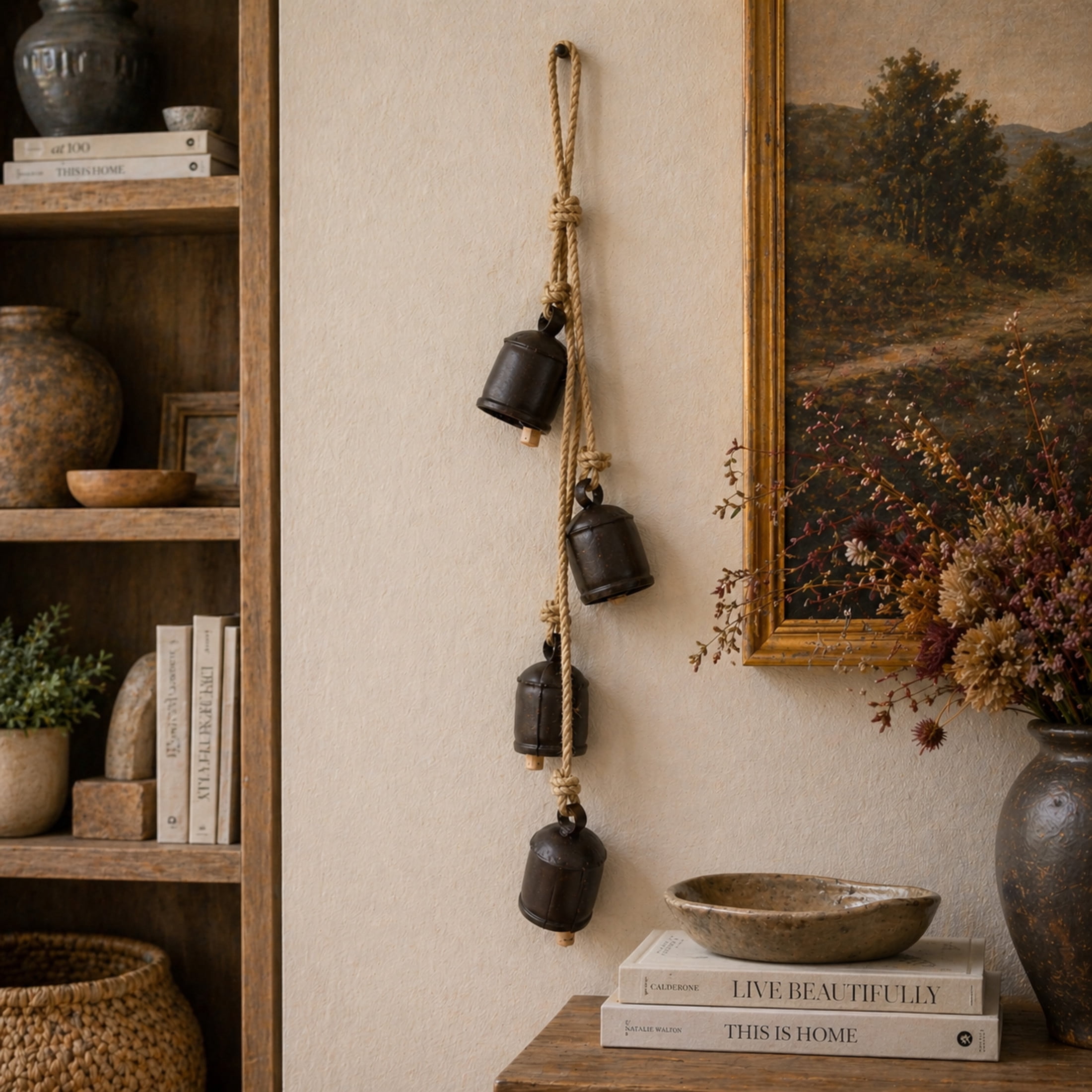 DecMode Tibetan Inspired Cascading Dark Brown Metal Cylindrical Decorative Bells with 4 Bells on Jute Hanging Rope