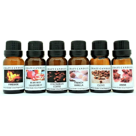 Crazy Candle 6 Bottles Set Fireside, Ruby Red Grapefruit, Colombian Coffee, French Vanilla, Clove, Anise 1/2 Fl Oz Each (15ml) Premium Grade Scented Fragrance Oils