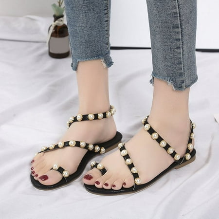 

pafei tyugd Rhinestone Sandals for Women Dressy Bohemian Pearl Crystal Flat Sandals Strappy Sandals Comfort Open Toe Gladiator Flat Sandals Size 7.5