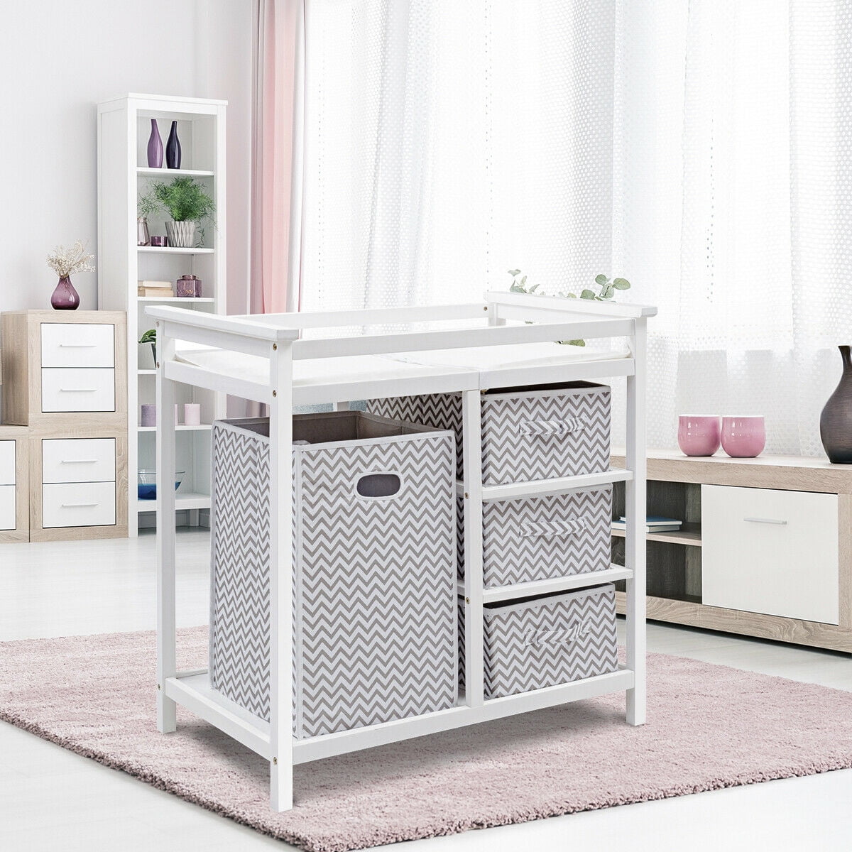 Infant Baby Changing Table w/ 3 Basket Hamper Diaper Storage Nursery