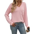 thumbnail image 5 of SHIBEVER Long Sleeve Shirts for Women V Neck Tops Fall Clothes Casual Ribbed Knit Tunic Tops with Pocket Lightweight Pullover Sweatshirts Blouses T-shirts Solid Color Pink, 5 of 6