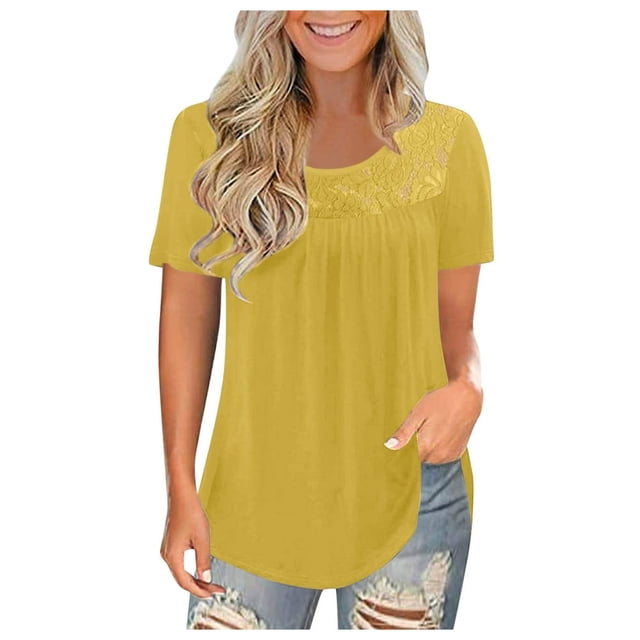 Femmes Mode Dentelle Solide Épissage Col Rond Manches Courtes T-Shirt Blouse Tops T-Shirt pour les Femmes
