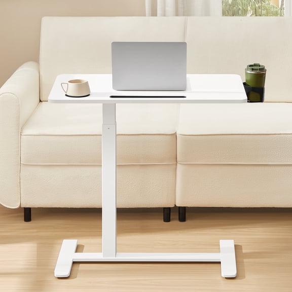 Mobile Overbed Table with Adjustable Height, 31.5x17.7 Inch Rolling Desk with 2 Cup Holders and Device Slot, Cloud White