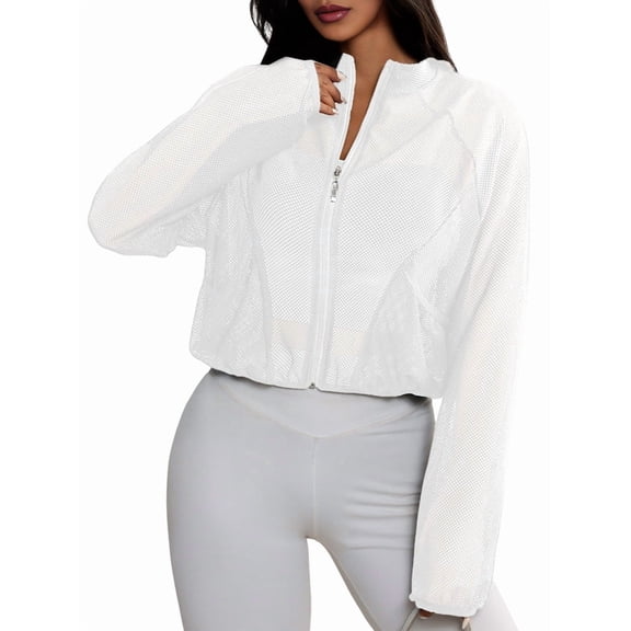 Women'S Mesh Sheer Zip Up Jacket Mock Neck Light-Weight Athletic Outerwear with Pockets White S