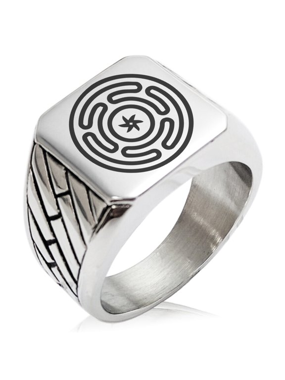Stainless Steel Hecate Greek Goddess of Magic Geometric Pattern Biker Style Polished Ring